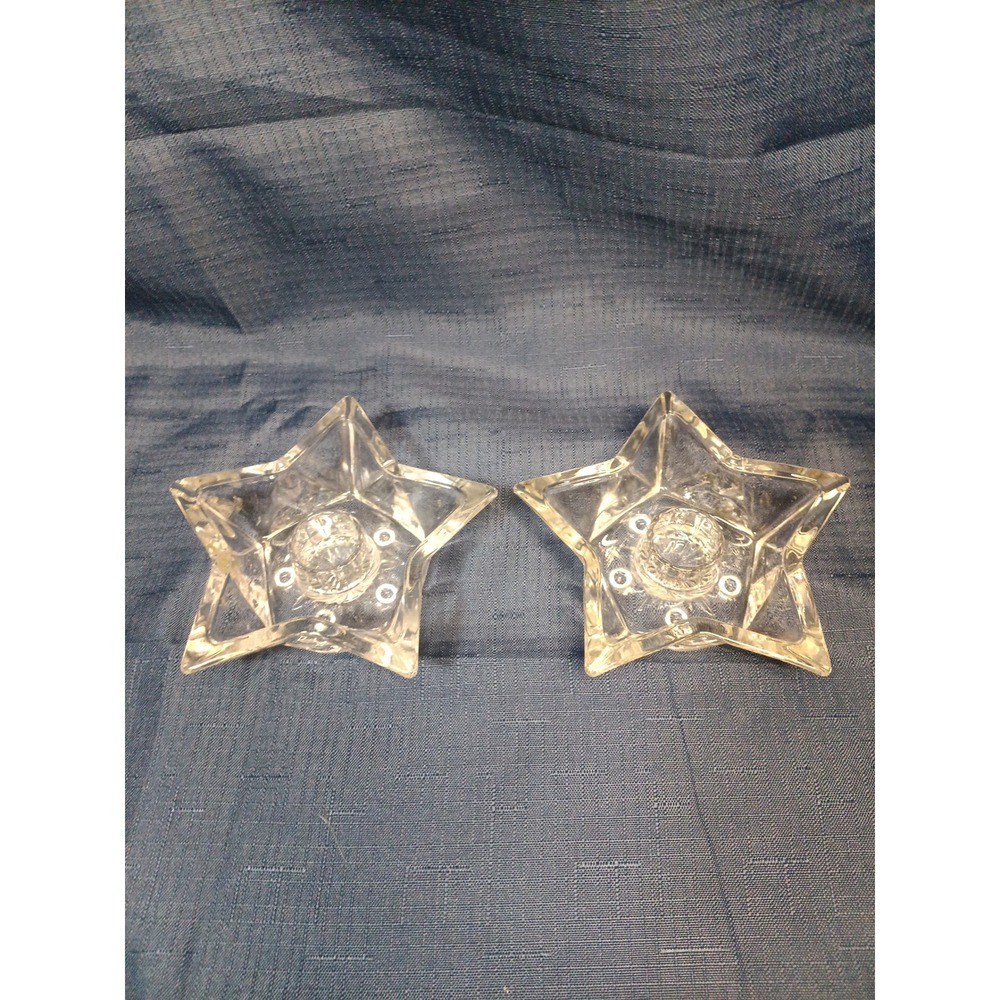 2 VTG Clear Pressed Glass Star Taper Candle Holders Set of 2 Celestial Decor
